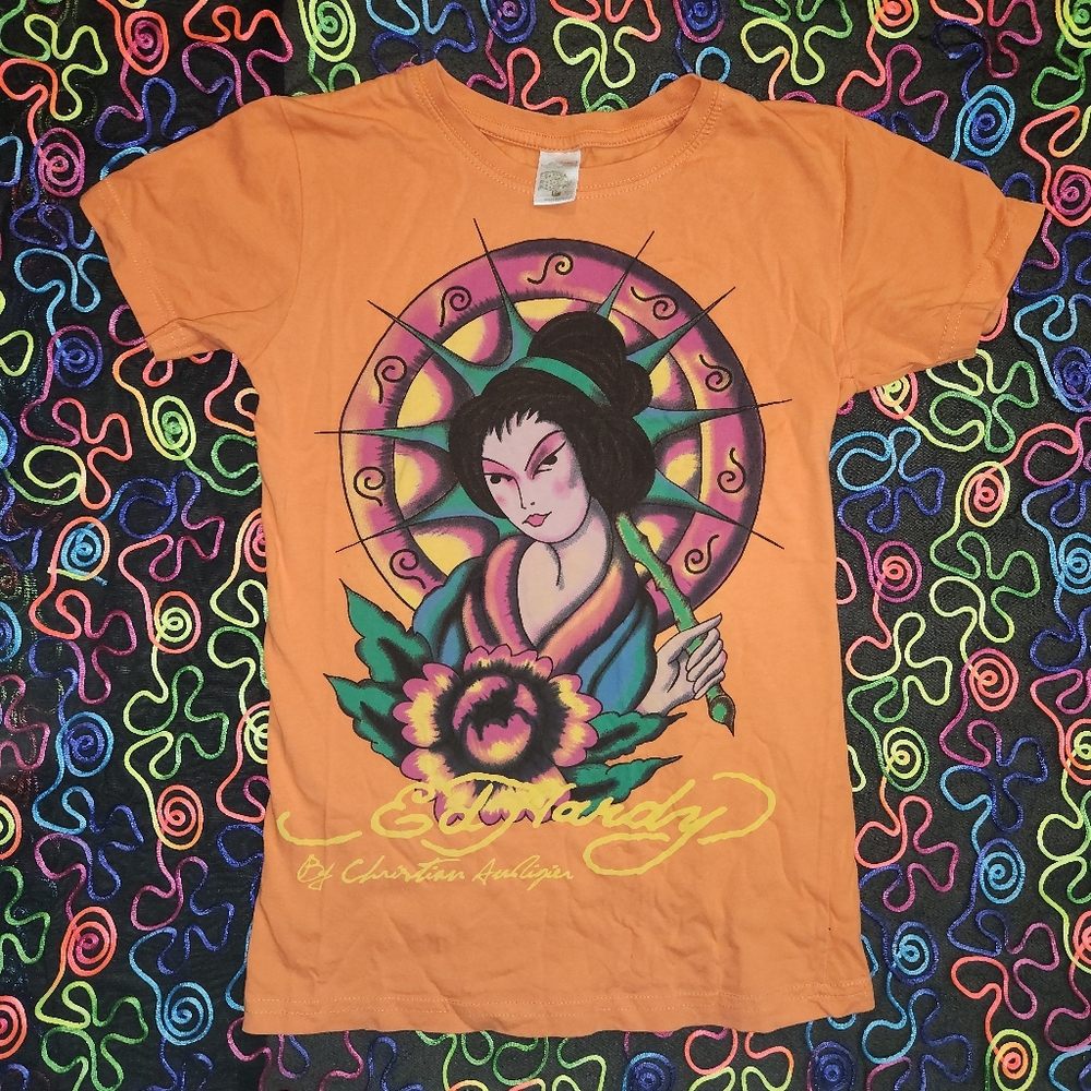Ed Hardy Orange Kids Tee with Artistic Graphic